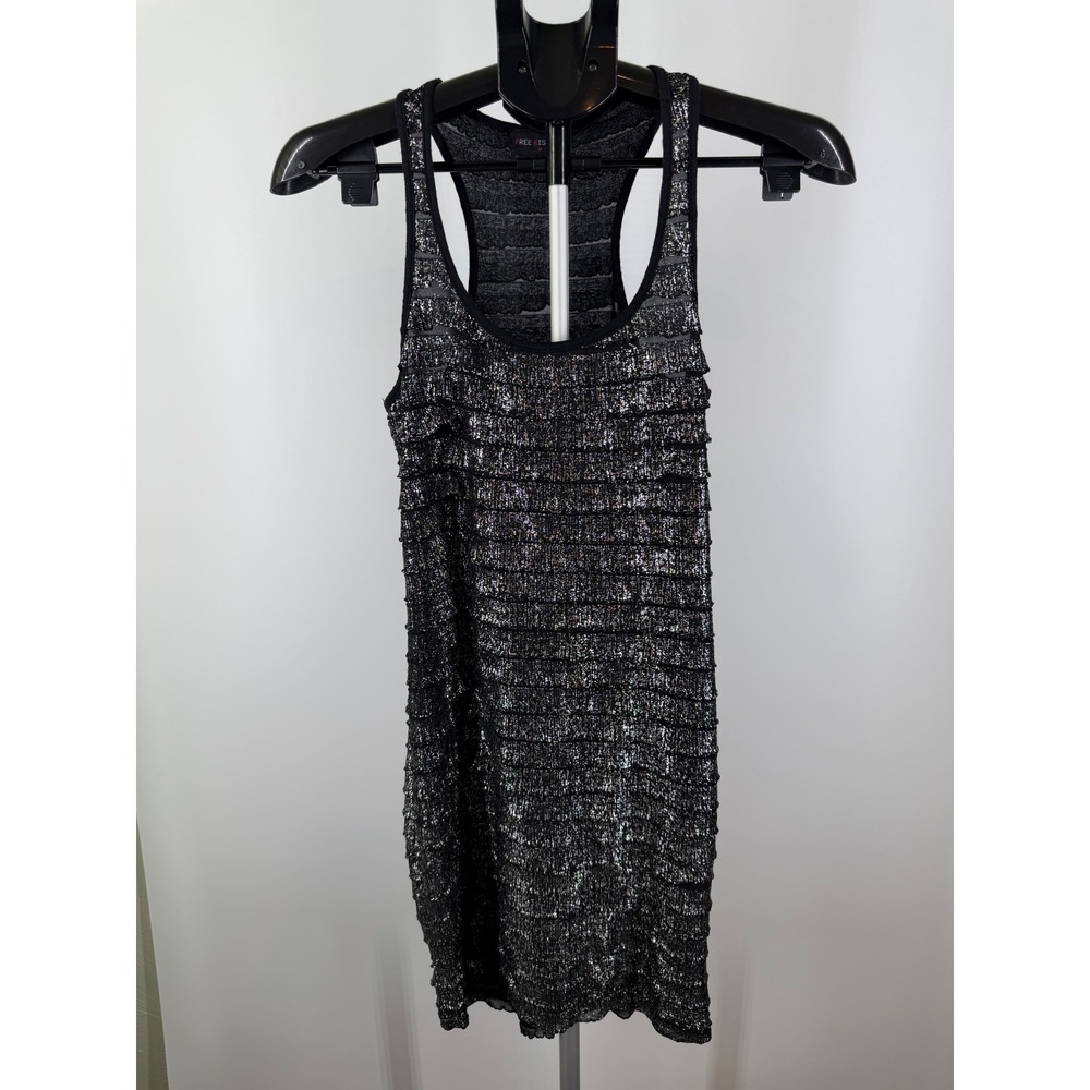Free Kisses Womens Metallic Silver Tiered Ruffle Racerback Bodycon Mini Dress M